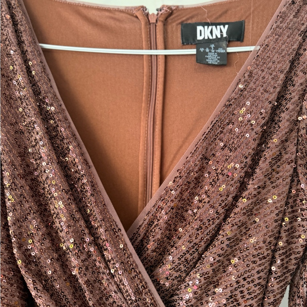 DKNY Brown Sheath Dress with Plunge Neckline and Cuffed Sleeves - Picture 2 of 2